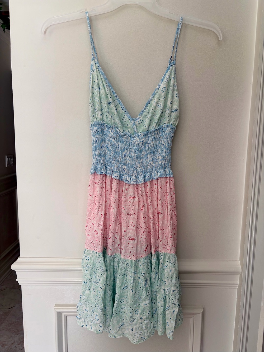 Ocean Drive Women’s Medium Colorblock Smocked Mini Dress Blue Pink Mint